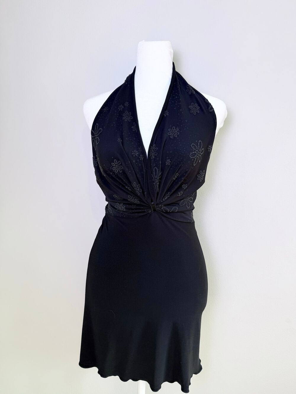 Black Halter Dress Made in USA Floral Rhinestone Size Small